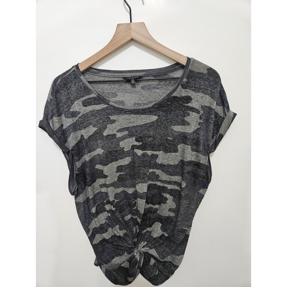 Lucky Brand Camo Twist Front T-Shirt Gray Black Camouflage Cap Sleeve Top Large‎